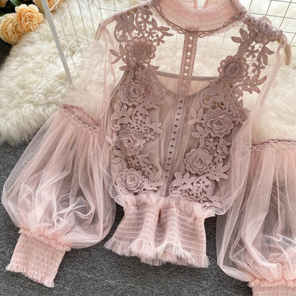 Ethereal Mesh Lantern-Sleeve Blouse