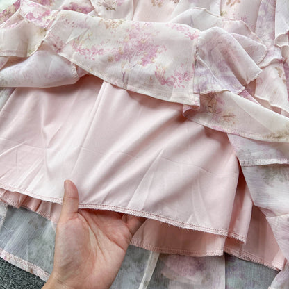 Sweet Irregular Design Pink Floral Dress