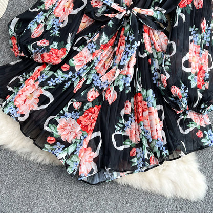 Neck Waist Print V-Neck Pleated Jumpsuit