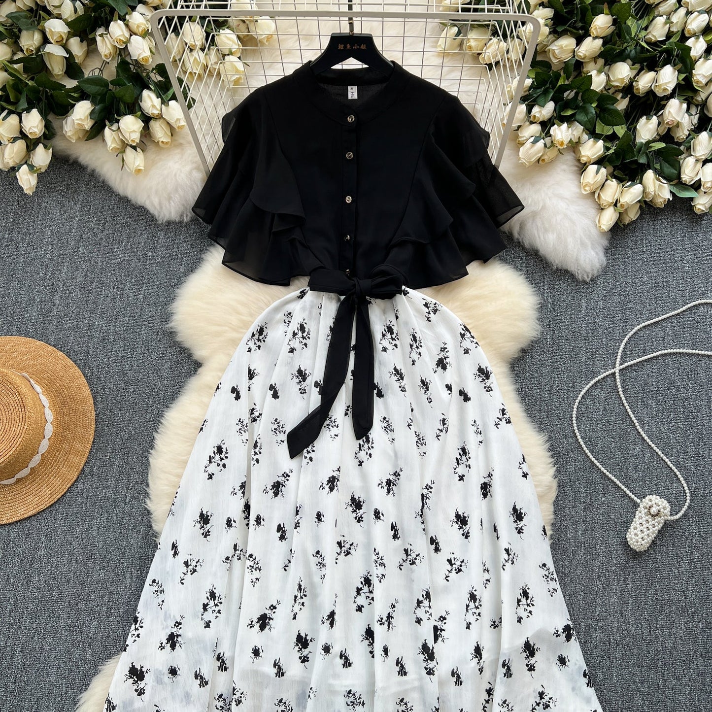 Floral Patchwork Black Shirt Dress