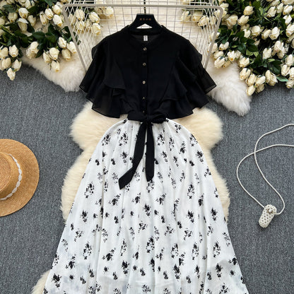Floral Patchwork Black Shirt Dress