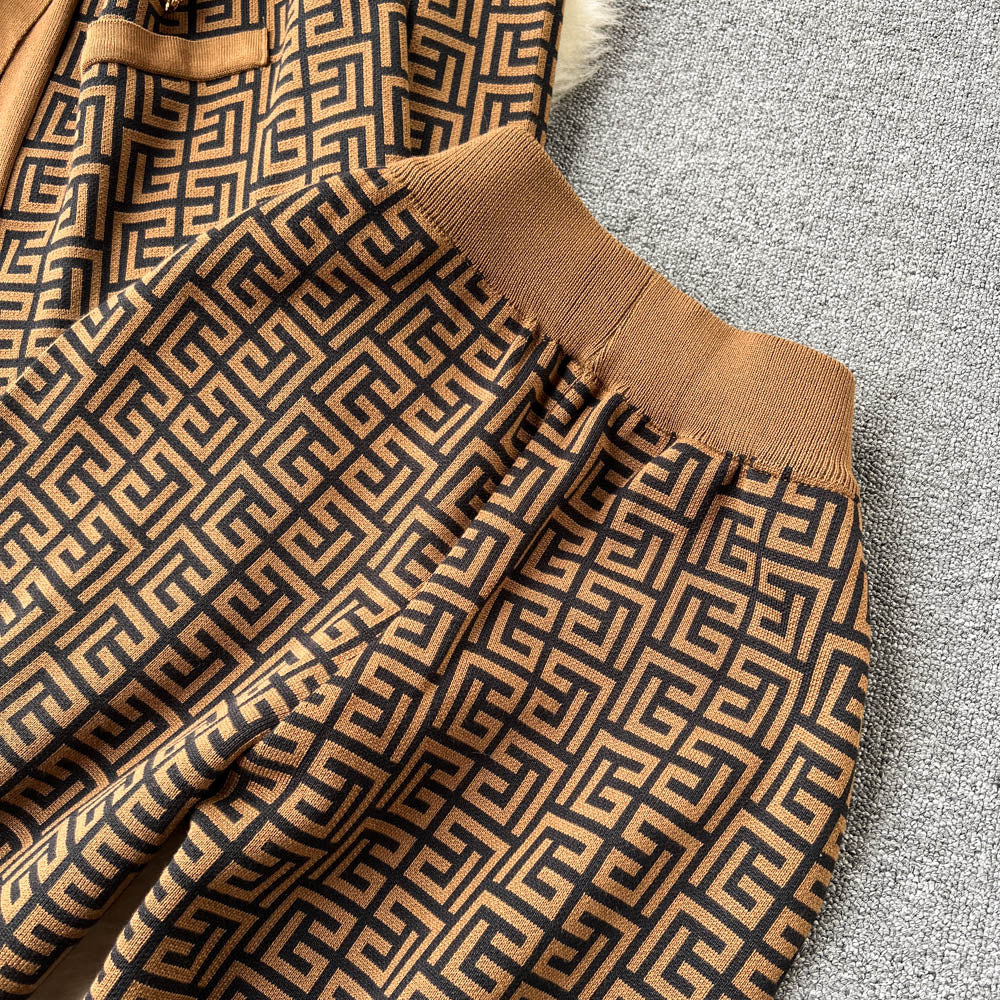 Printed Cardigan&Bottom Vest&Wide-leg Trousers