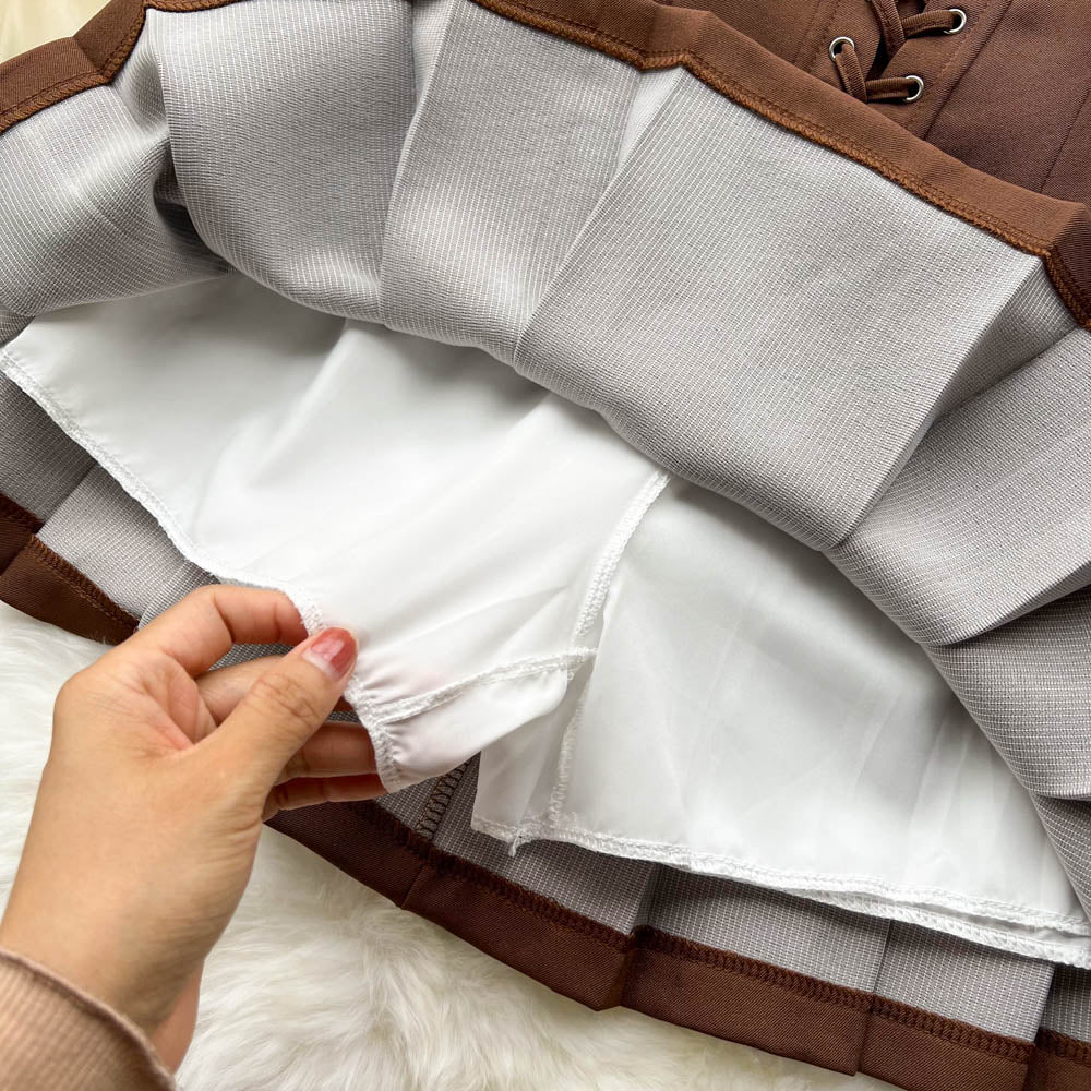 2pcs Bubble-sleeve Top with Pleated Skirt