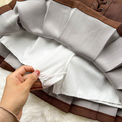 2pcs Bubble-sleeve Top with Pleated Skirt