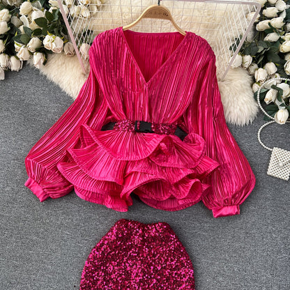 Glam Ruffle Blouse & Sequin Skirt Ensemble