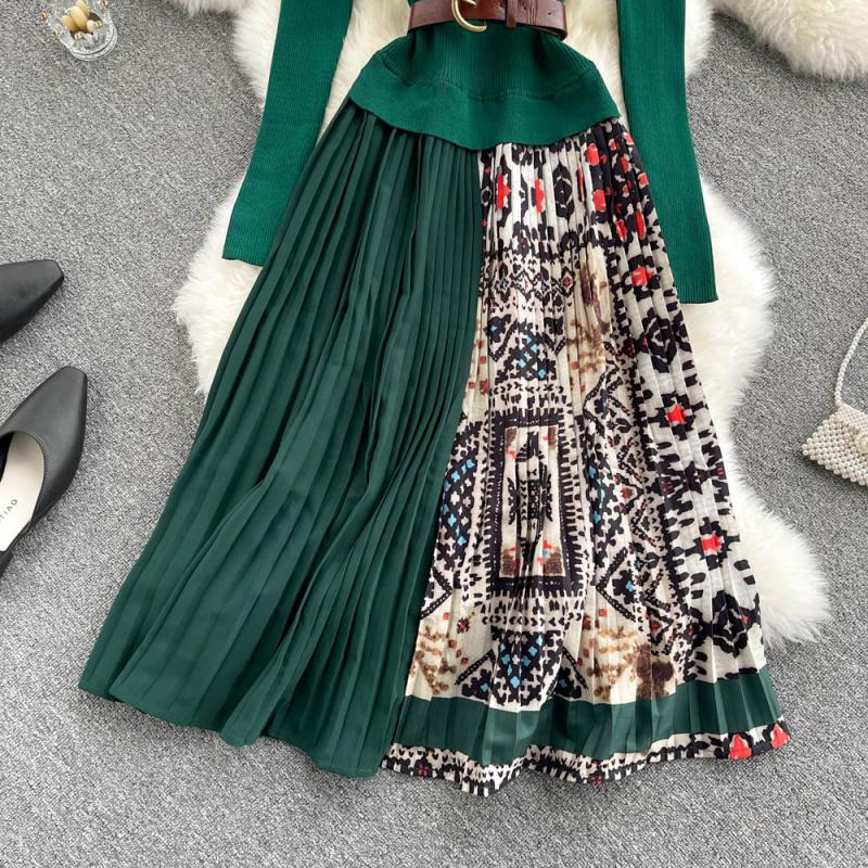Knitted Long-sleeved Fake Two-piece Dress