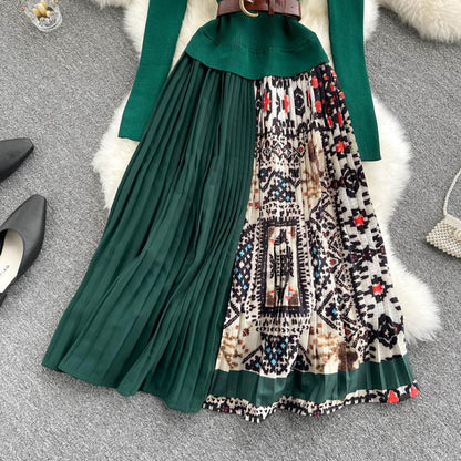 Knitted Long-sleeved Fake Two-piece Dress