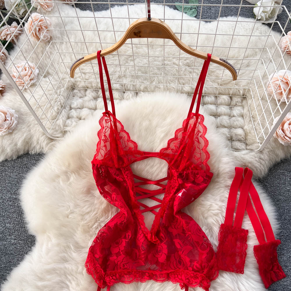 Red Lace Hollowed See-through Jumpsuit