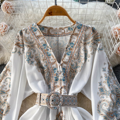 Ethnic Style Floral Belted Dress