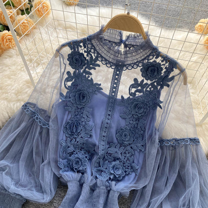 Ethereal Mesh Lantern-Sleeve Blouse