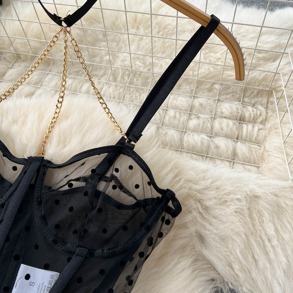 Black Mesh Polka-dot Lingerie 3Pcs