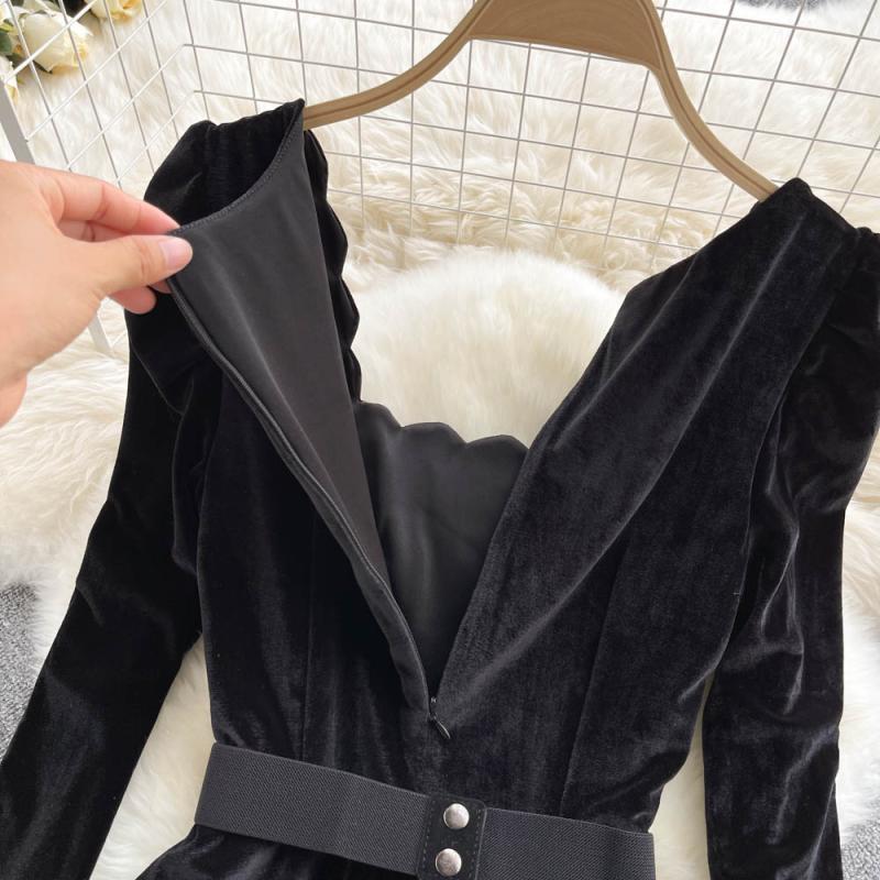 Black Gold Velvet Lace Stitching Dress