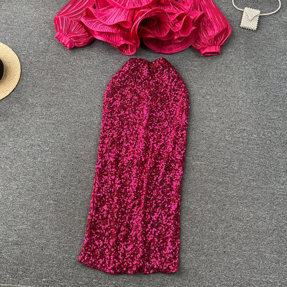 Glam Ruffle Blouse & Sequin Skirt Ensemble