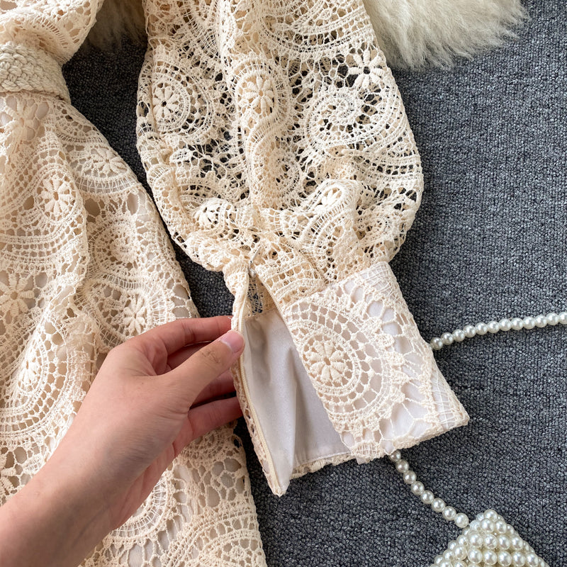 Lace Hollow Lantern Sleeve Stand Collar Embroidered Dress