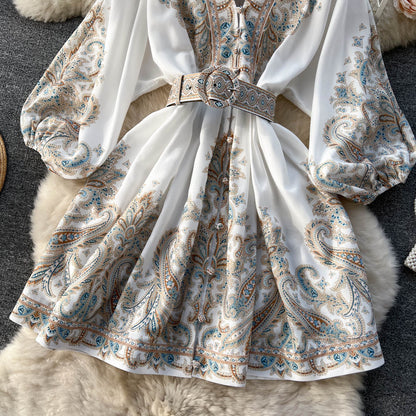 Ethnic Style Floral Belted Dress
