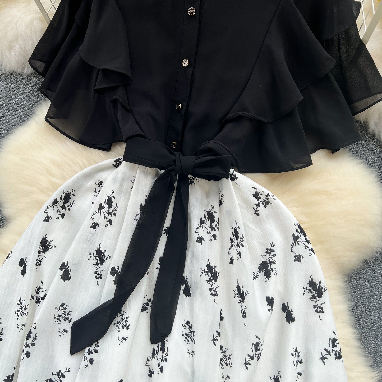 Floral Patchwork Black Shirt Dress