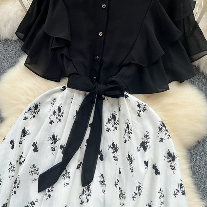 Floral Patchwork Black Shirt Dress