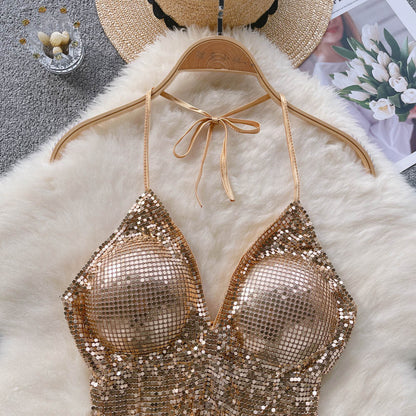 Disco Sequin Halter Vest with Long Tassels