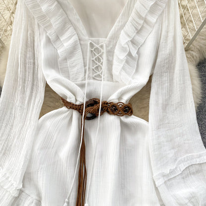 Sweetie Lace-up Ruffled White Dress