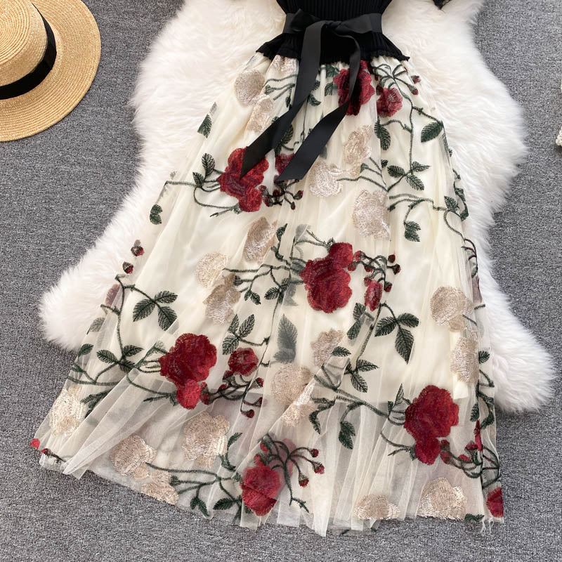 Embroidered Mesh Stitching Knitted Dress