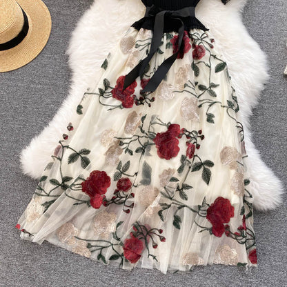 Embroidered Mesh Stitching Knitted Dress