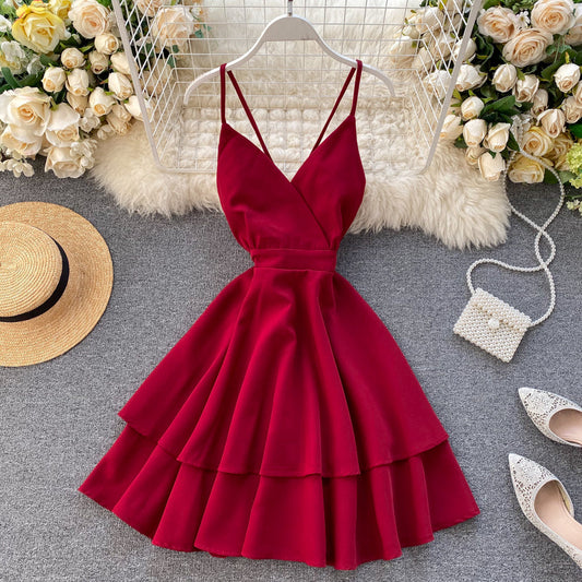 V-neck Halter Double-layer Ruffle Dress