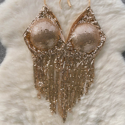 Disco Sequin Halter Vest with Long Tassels