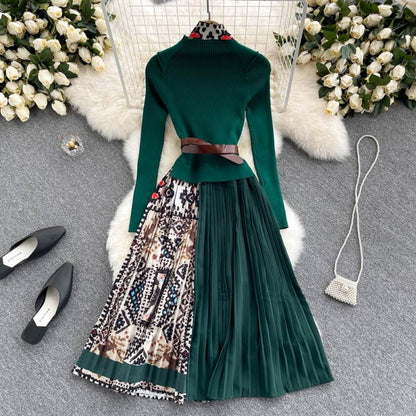 Knitted Long-sleeved Fake Two-piece Dress