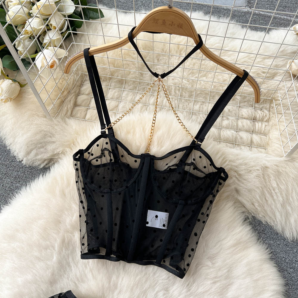 Black Mesh Polka-dot Lingerie 3Pcs
