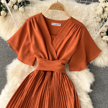 Chiffon Pleated Solid V-Neck Dress