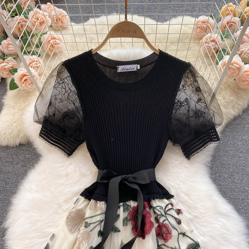 Embroidered Mesh Stitching Knitted Dress