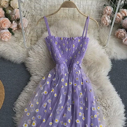 Off-the-shoulder Mesh Embroidered Chrysanthemum Dress