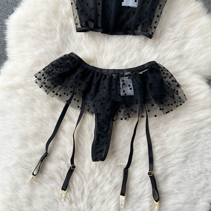 Black Mesh Polka-dot Lingerie 3Pcs