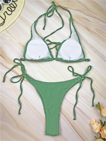 Solid Coloured Lace-up Three-point Bikini