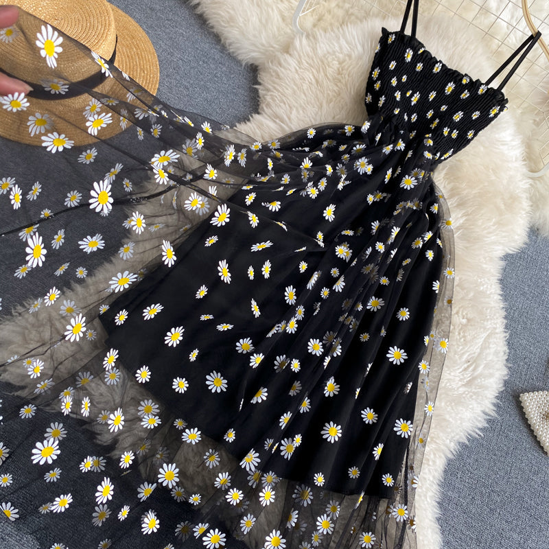 Off-the-shoulder Mesh Embroidered Chrysanthemum Dress