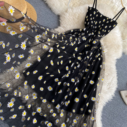 Off-the-shoulder Mesh Embroidered Chrysanthemum Dress