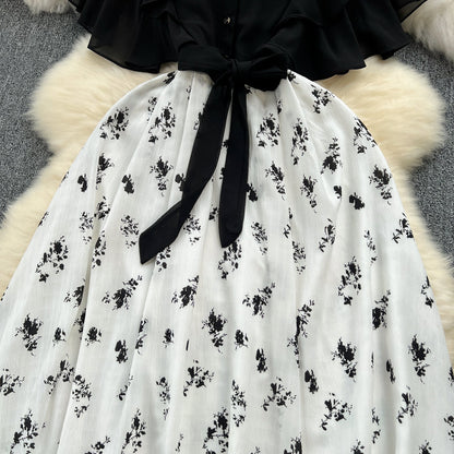 Floral Patchwork Black Shirt Dress