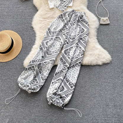 Ensemble 2 pièces Caraco Imprimé et Pantalon à Cordon de Serrage