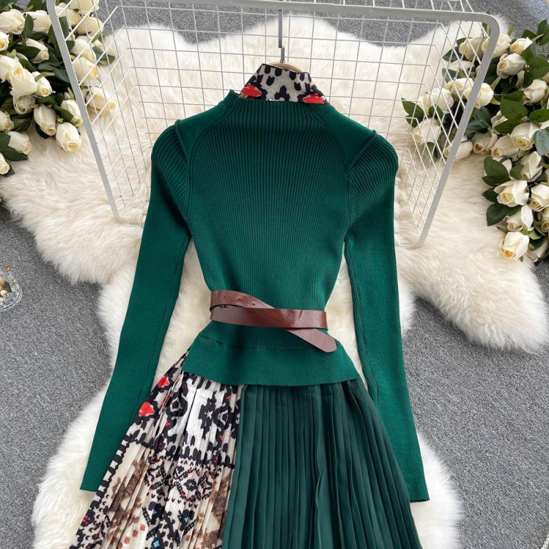 Knitted Long-sleeved Fake Two-piece Dress