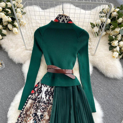 Knitted Long-sleeved Fake Two-piece Dress