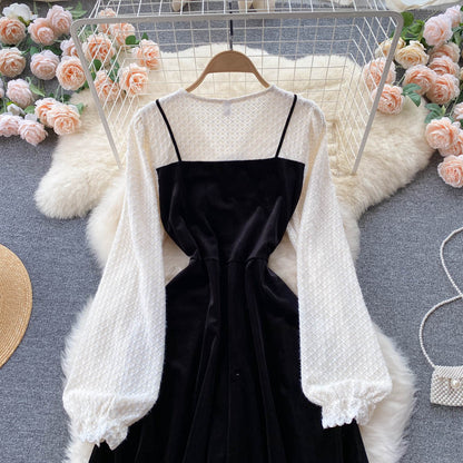V-neck Panelled Velvet Waist Dress