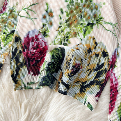 Pleated Knitwear&Wide-leg Trousers Printed 2Pcs