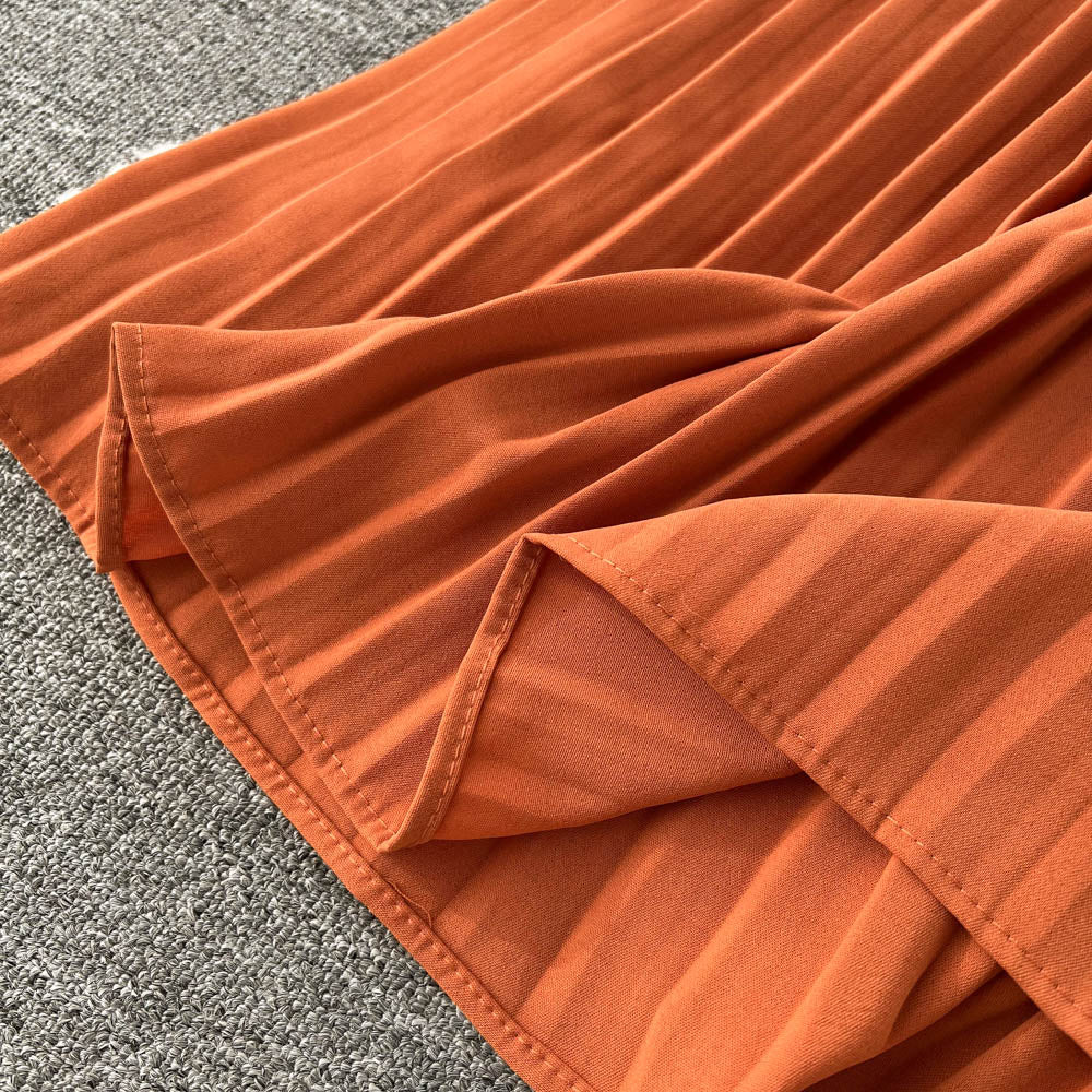 Chiffon Pleated Solid V-Neck Dress