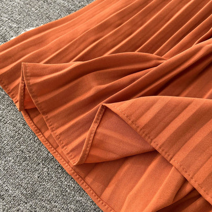 Chiffon Pleated Solid V-Neck Dress