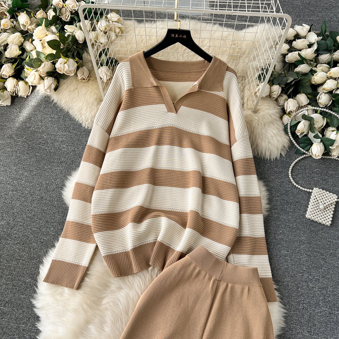 Striped Sweater&Wide-leg Pants 2Pcs