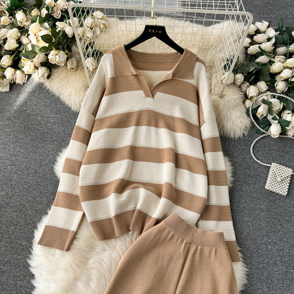 Striped Sweater&Wide-leg Pants 2Pcs
