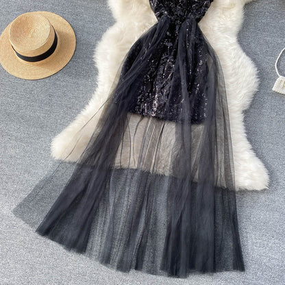 Off-the-shoulder Sequined Mesh Dress