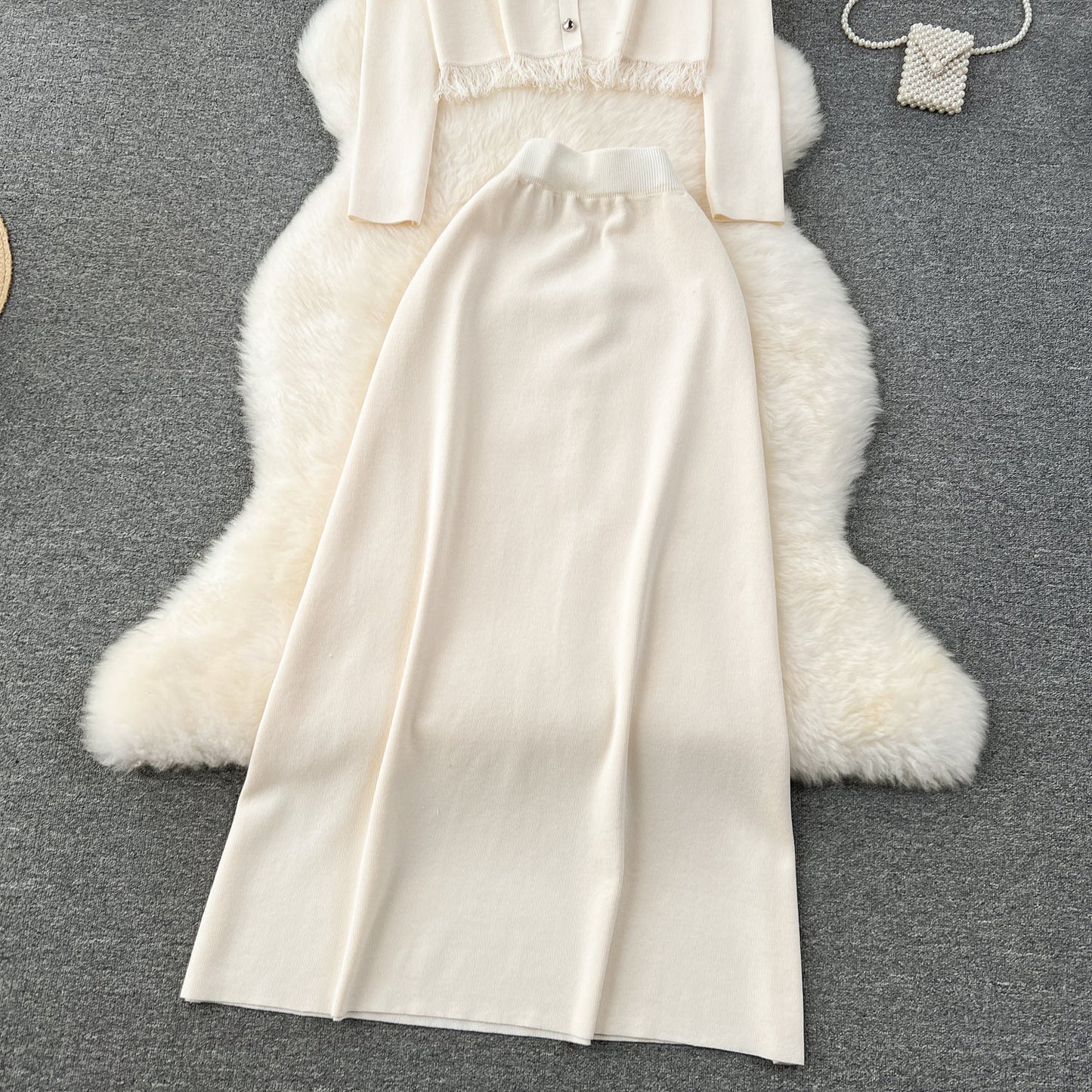 Cardigan&Half-body Skirt Fringed Knit 2Pcs