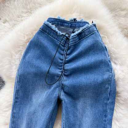 Jeans im koreanischen Stil mit Pelzbesatz und ausgestelltem Bein