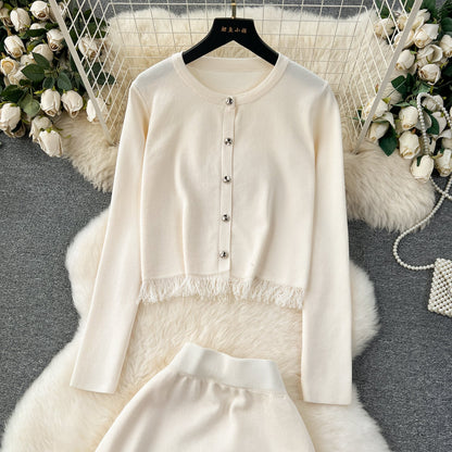 Cardigan&Half-body Skirt Fringed Knit 2Pcs